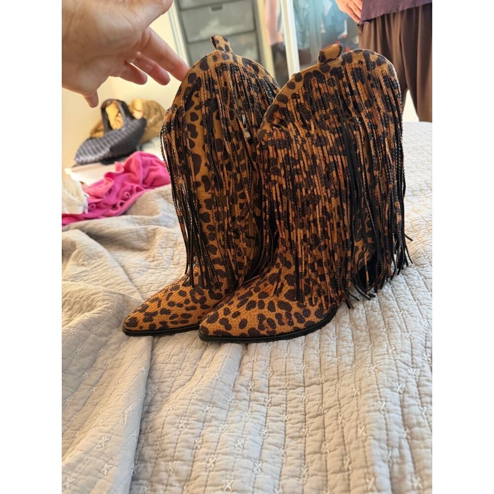 Ouepiano Womens Cowboy Boots Size 8.5 Leopard  Rhinestone Fringe Coachella New - Picture 15 of 16